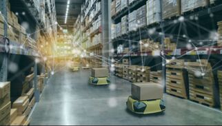 robots with packages in warehouse