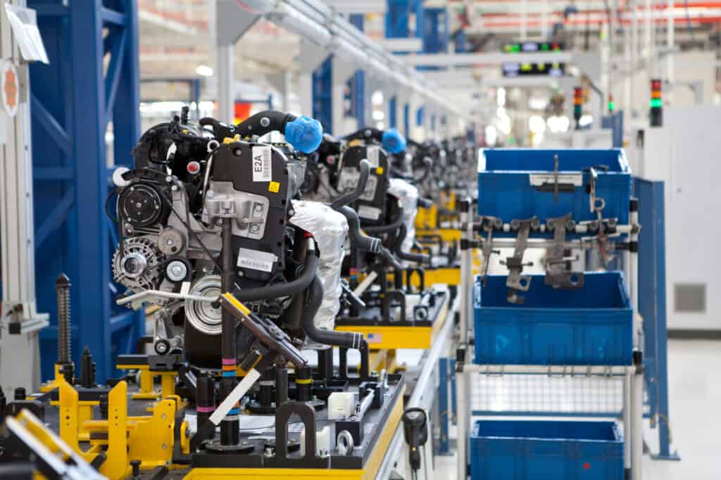 car engine assembled on a factory production line