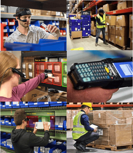 a six-up image of workings using vision technology in the warehouse