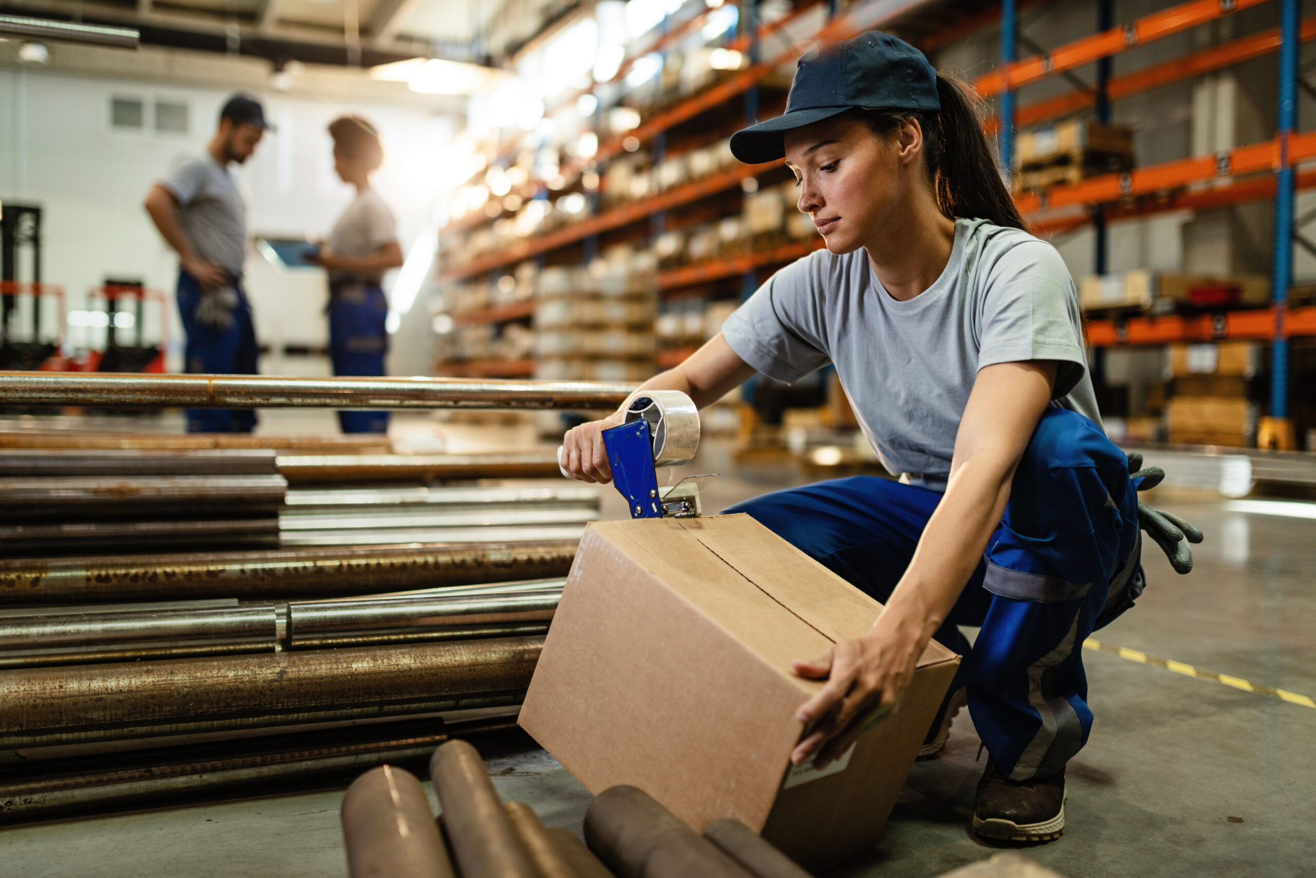female warehouse worker taping cardboard box