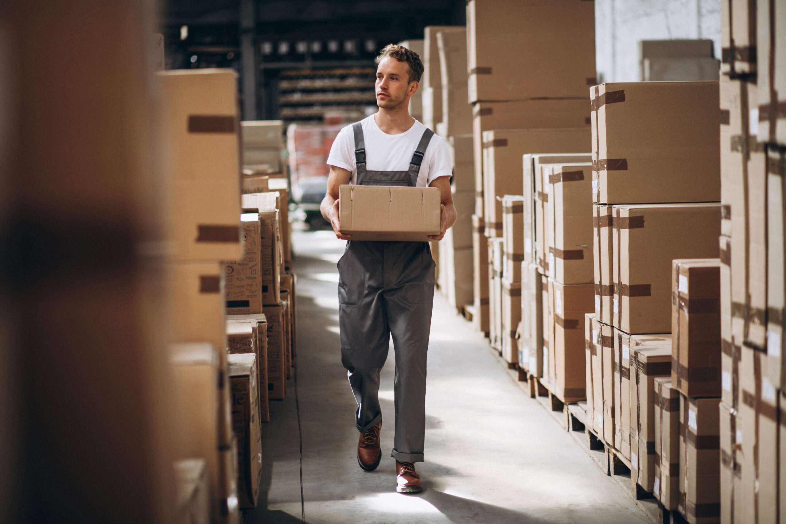 young man working warehouse with boxes