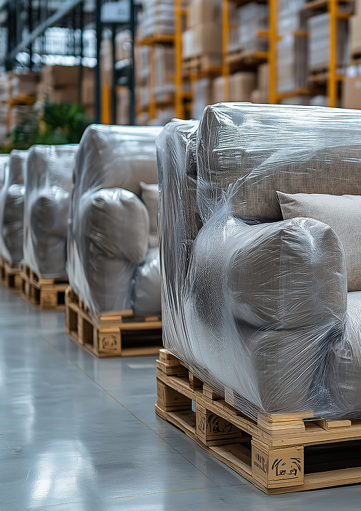 wrapped furniture on pallets warehouse