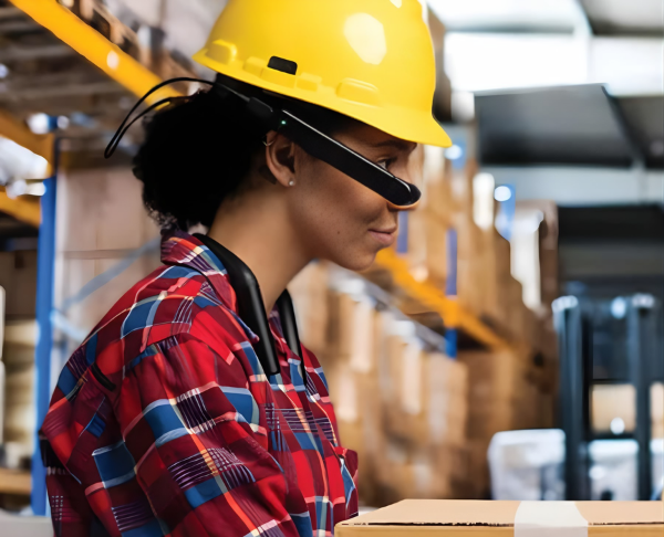 female warehouse worker with smart glasses