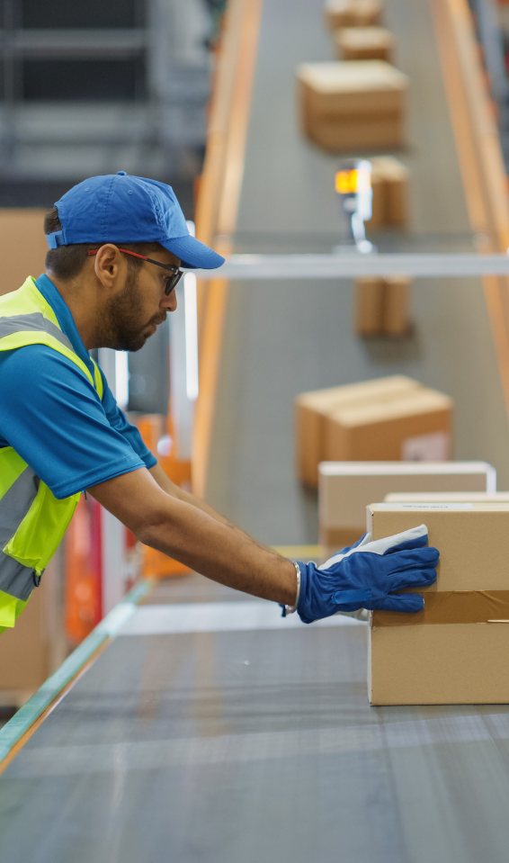man checking a box on a warehouse conveyor belt
