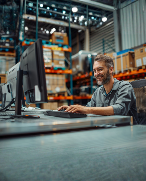 man working at a desk in a warehouse