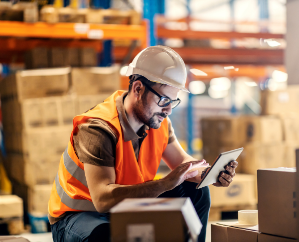 warehouse worker checking a tablet near some boxes
