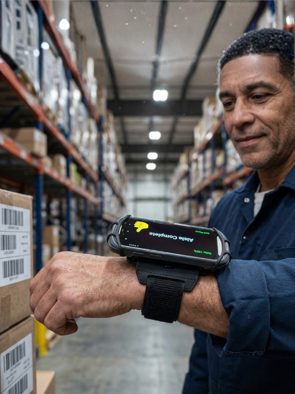 Warehouse worker with wrist device
